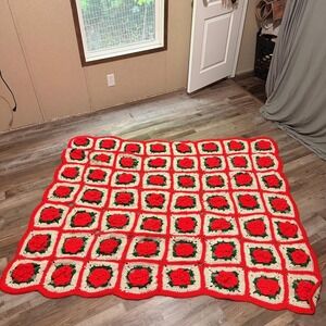 Vintage Handmade Crochet 3D Rose Granny Square Afghan Blanket Red White 64x56
